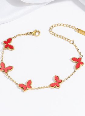 项链女欧美新品时尚简约红色蝴蝶气质耳环手镯不锈钢套装跨境项链