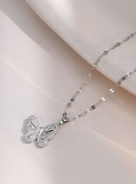 钛钢项链女 日韩风简约ins时尚耳环风蝴蝶锆石套装锁骨链女