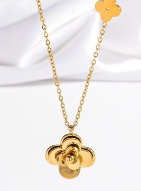 项链女 金色山茶花钛钢项链花朵锁骨链小众个性简约时尚气质项链