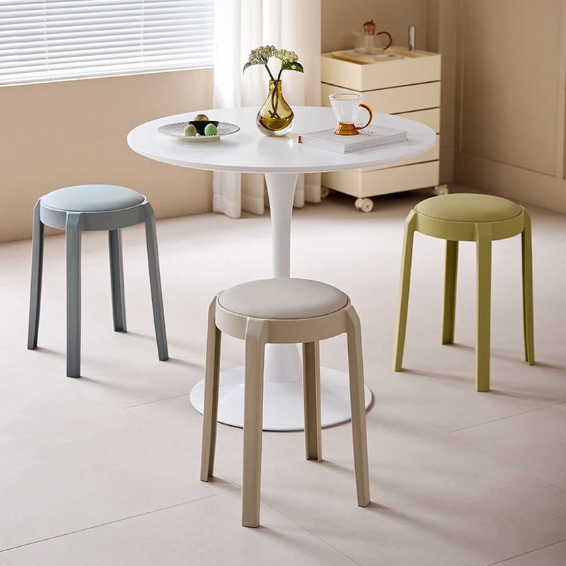 塑料凳子家用可叠放加厚高板凳软包圆板凳简约风车凳皮面餐厅椅子