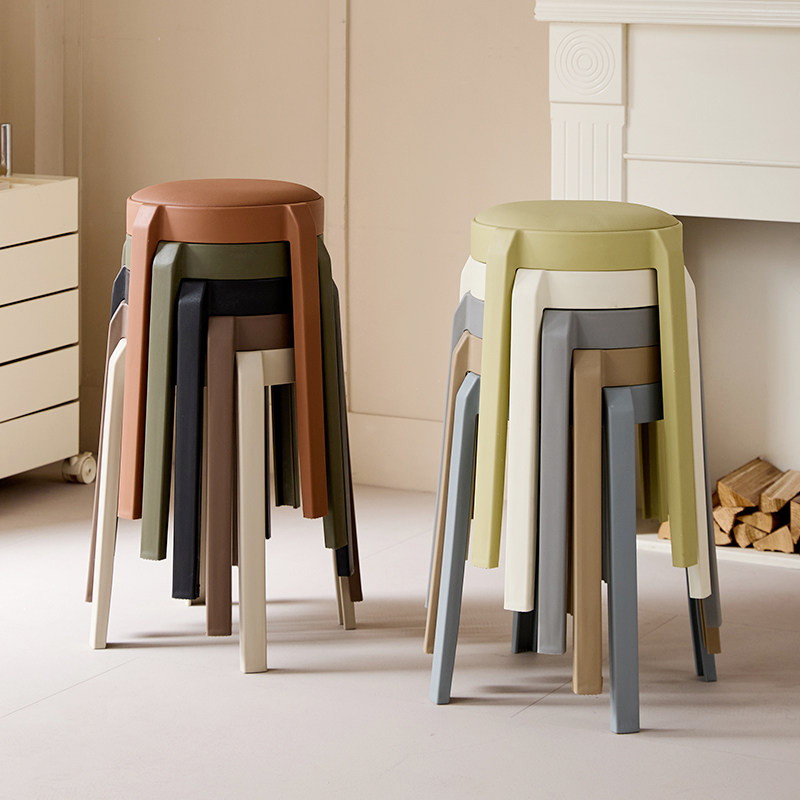 塑料凳子家用可叠放加厚高板凳软包圆板凳简约风车凳皮面餐厅椅子