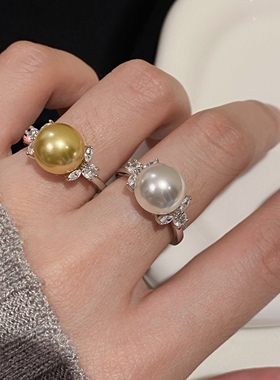 人造澳白冰雪女王珍珠戒指银开口