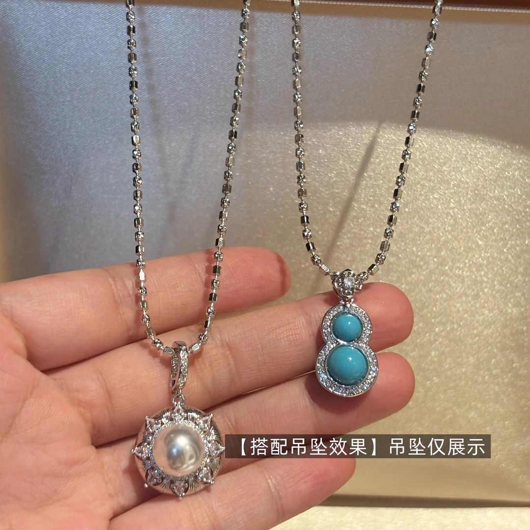 意大利进口工艺纯银镀白金极光钻石链高级感翡翠玉石珍珠吊坠项链 - 图3