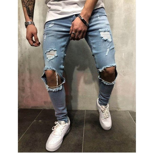 fashion 膝盖破洞牛仔裤男小脚裤knees hole ripped jeans male p