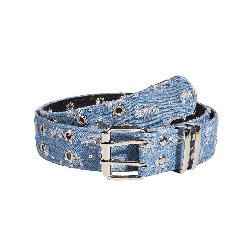 SUNSWAY原创做旧蓝色牛仔布腰带男女星星铆钉y2k破碎小众潮皮带