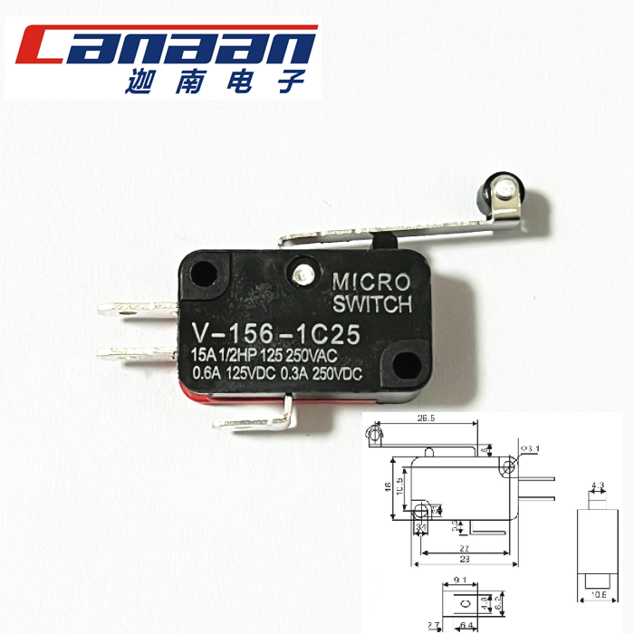 微动开关3脚 V-15/151/152/153/156-1C25柄滚轮游戏机电饭锅-图1
