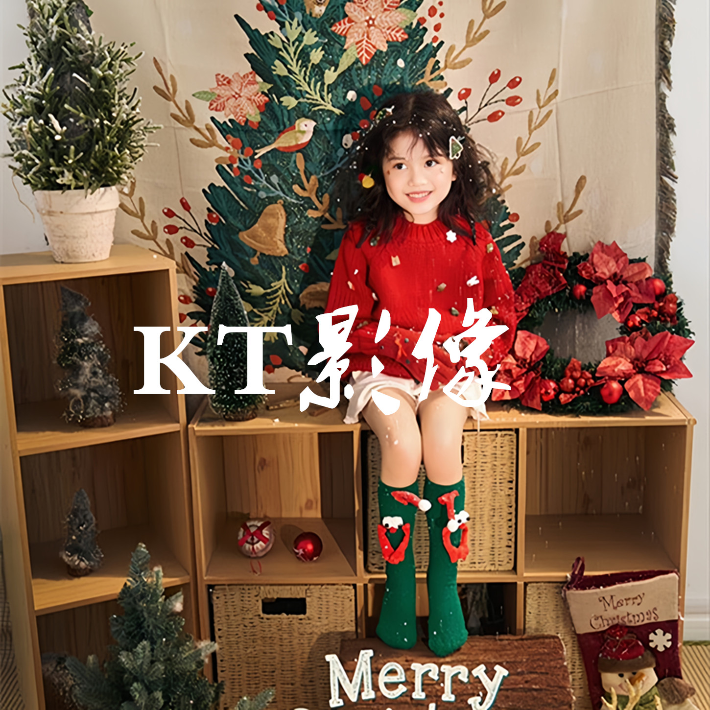 2025新款女童新年圣诞红色毛衣主题摄影写真儿童舞台走秀演出服装 - 图0