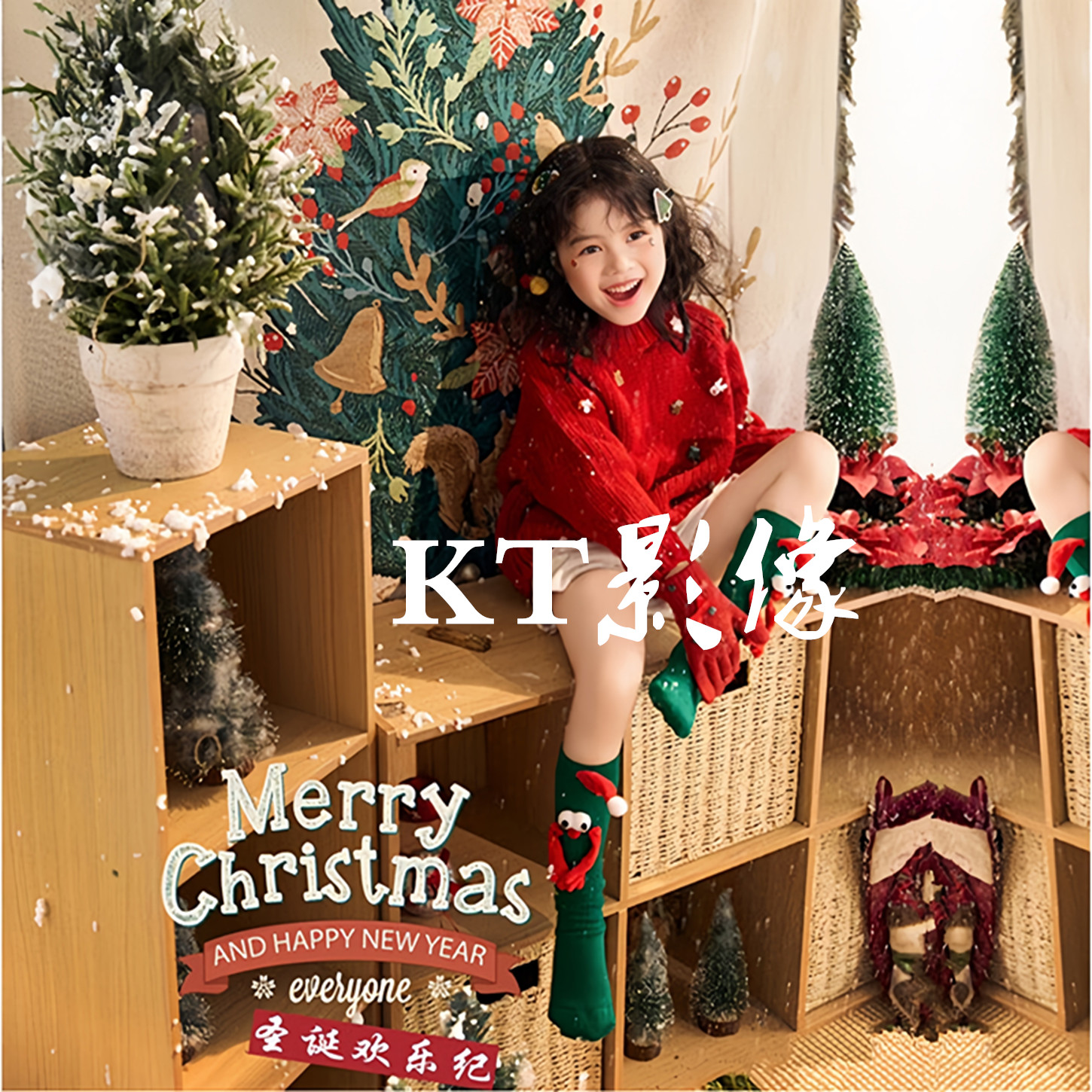 2025新款女童新年圣诞红色毛衣主题摄影写真儿童舞台走秀演出服装 - 图1