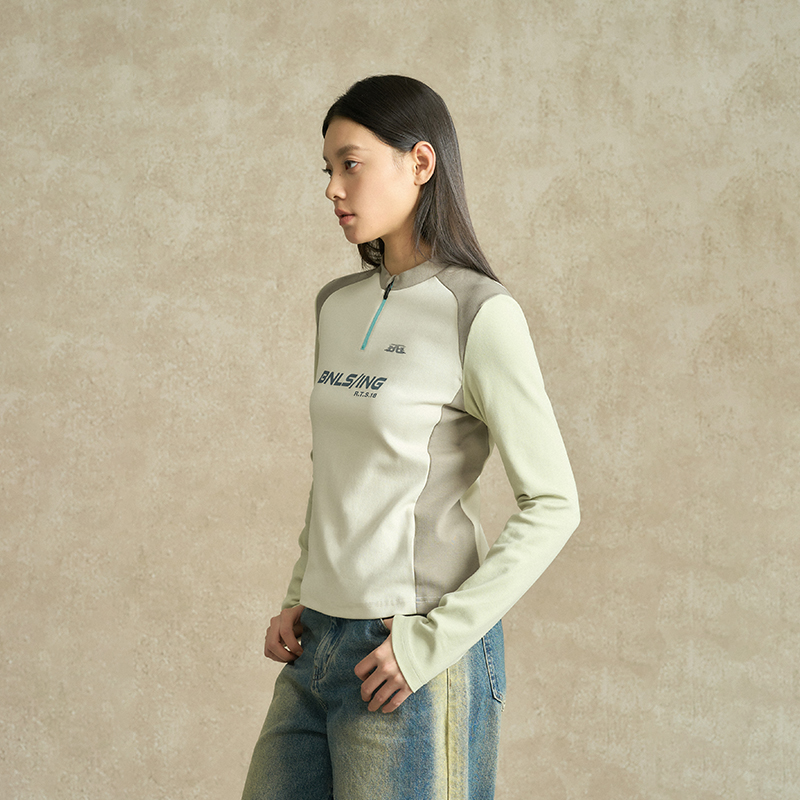 BONELESS显瘦结构半拉链长袖T恤撞色简约设计感百搭运动立领上衣 - 图2