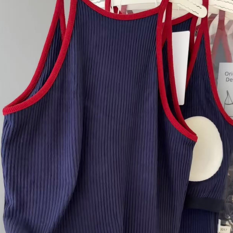 3017粗螺纹吊带背心秋冬新款大U撞色挂脖美背纯色百搭洋气上衣潮 - 图3