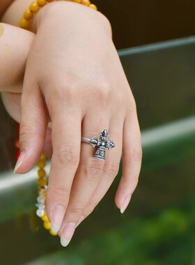 s925纯银十字杵戒指金刚杵开口可调节藏式个性复古戒指男女款镀金