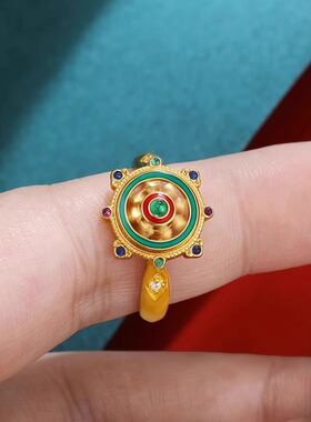 S925纯银镀金戒指可转动金轮戒指开口女款精美小众礼物民族风戒指