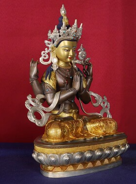 藏式纯铜四臂观音佛像藏传观音像密宗鎏金佛像家用供奉摆件7寸1尺