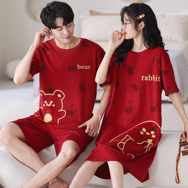 2套价红色情侣女夏短袖纯棉睡裙 舒适日记睡衣/家居服套装