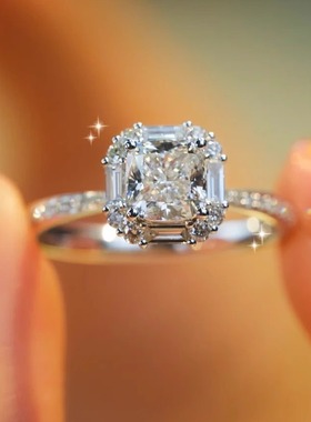 S925纯银莫桑钻戒指四爪公主方钻戒指满钻轻奢高级感百搭个性指环