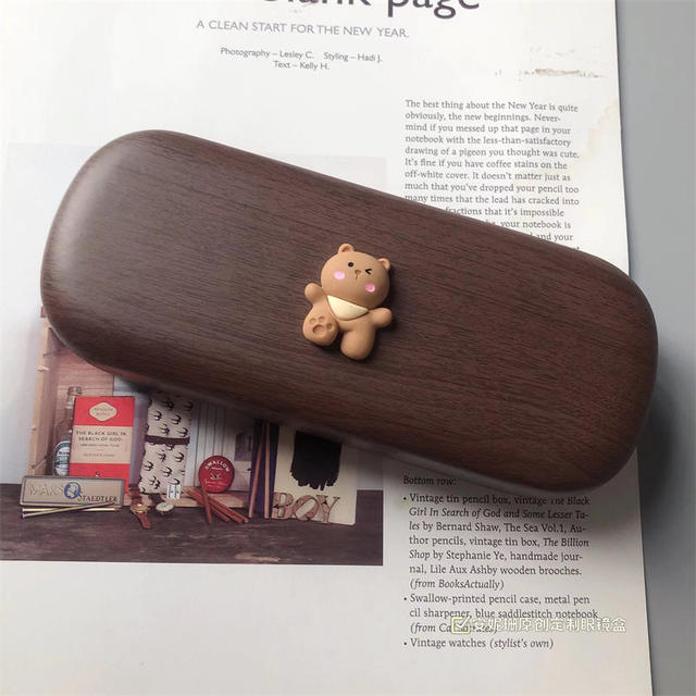 Bear Student Glasses Box Retro High-end Wood Grain Ins