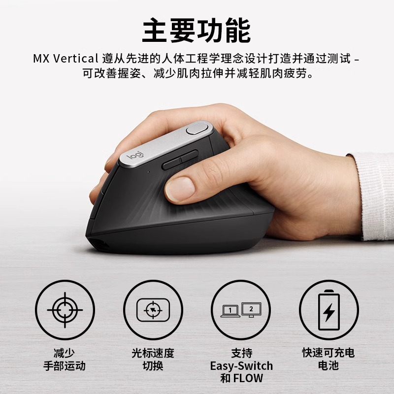 罗技MX Vertical 垂直鼠标跨屏操控办公人体工程学无线蓝牙双模连 - 图1