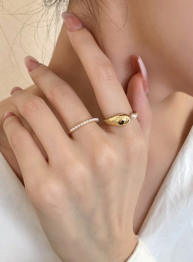 真金电镀珍珠开口戒指2件套简约百搭素圈食指戒个性气质手饰批发