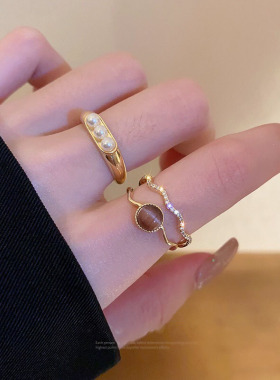 真金电镀锆石猫眼石双层开口戒指港风复古优雅气质食指戒手饰批发