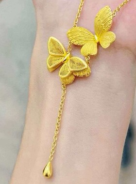 双蝶流苏黄金色项链花丝镂空工艺