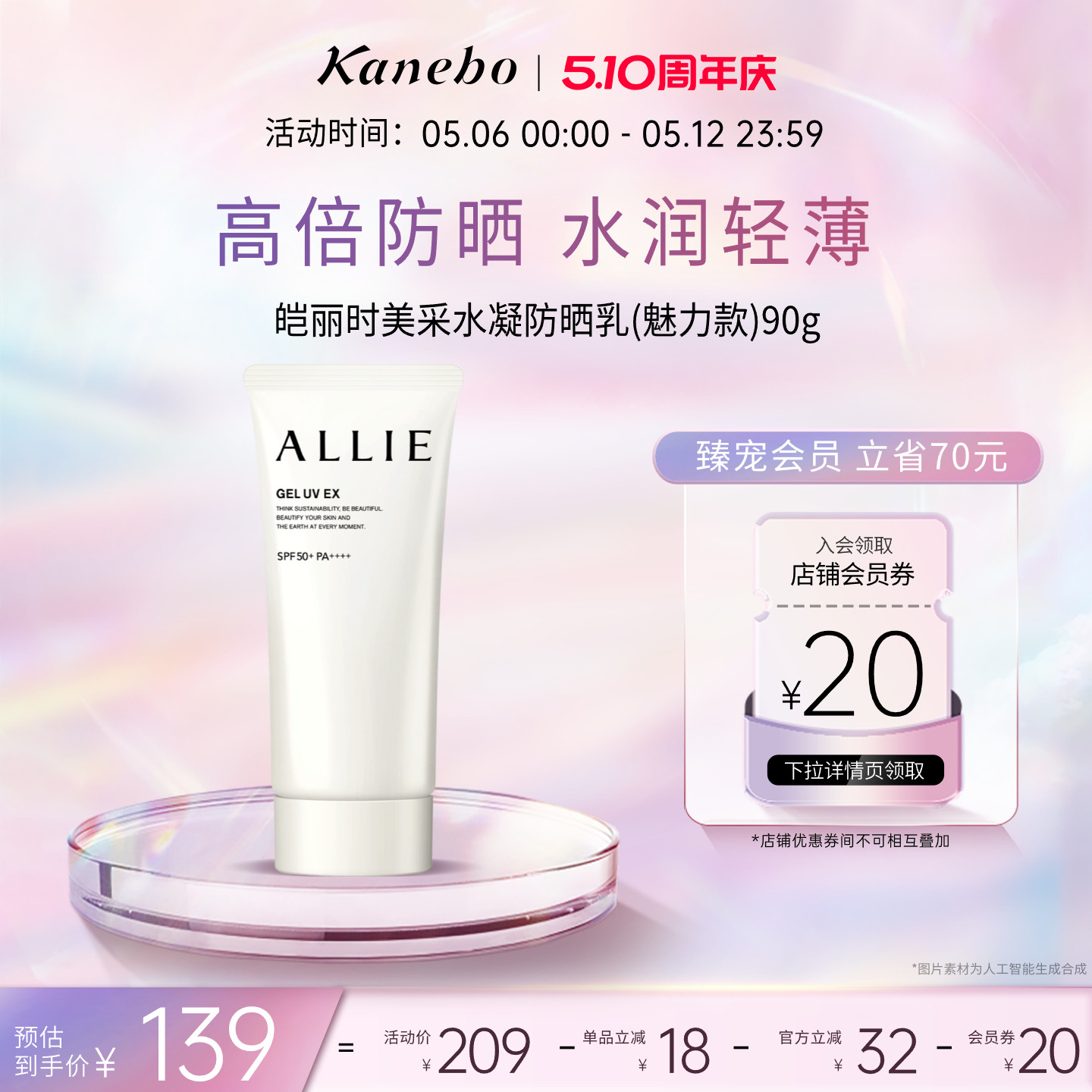 Kanebo嘉娜宝皑丽时美采水凝防晒霜持久防晒清爽90g