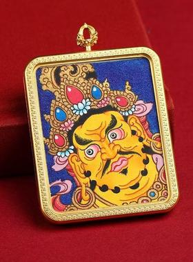 2026纯手绘唐卡黄财神嘎呜盒黄财神佛首五路财神吊坠画盒随身小挂