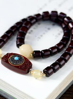 2026天然绿檀木六字真言木牌手串 黄水晶隔珠 木质镶嵌转运盘双圈