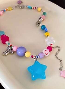 彩色串珠项链甜酷轻奢小众锁骨链