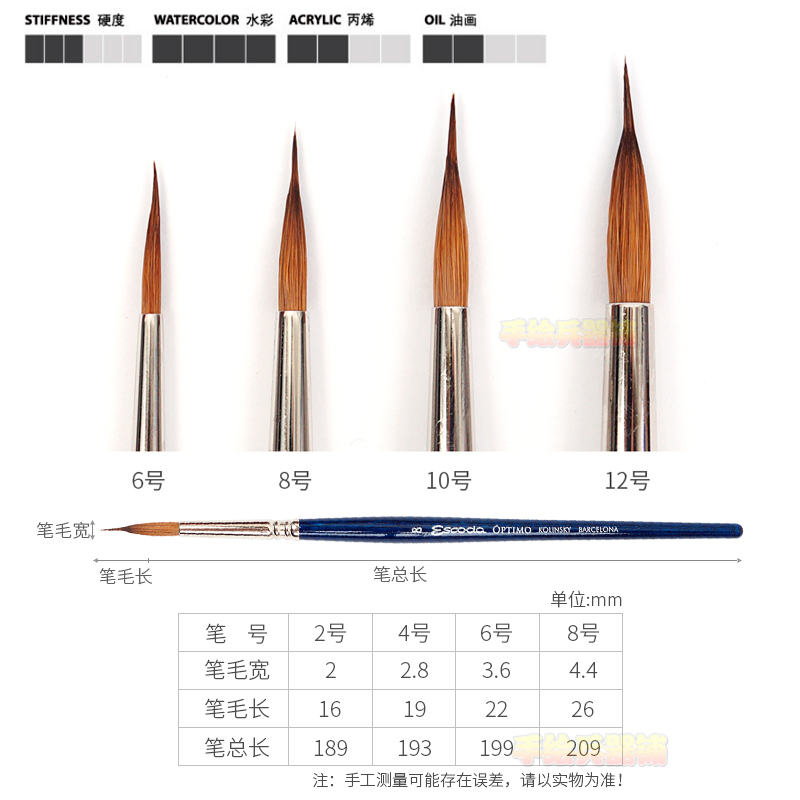 西班牙笔皇escoda Optimo 貂毛针点水彩画笔 长尖锋 线条优美1310 拉线笔 桅杆 树枝 电线 推荐用画笔 - 图1