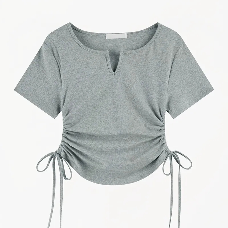 大码抽绳短袖不规则t恤女装胖mm夏季新款设计感小众短款上衣200斤 - 图0