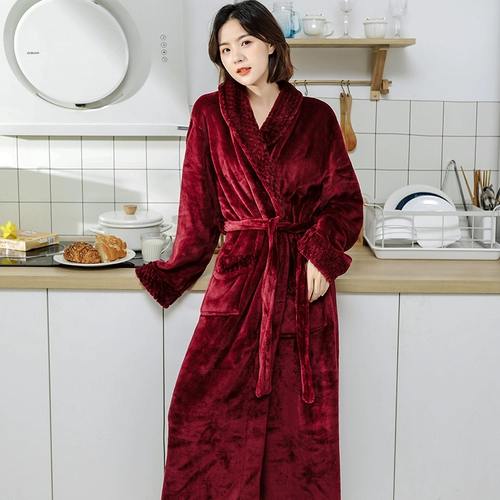 Зимняя пижама, удерживающий тепло коралловый бархатный длинный банный халат для отдыха, увеличенная толщина, свободный крой, средней длины, большой размер