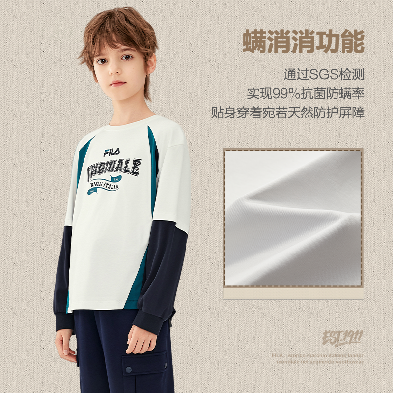 【螨消消】FILA斐乐儿童长袖T恤男童2025冬中大童抗菌假两件上衣 - 图0