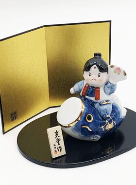 日本药师窑进口染锦桃太郎骑锦鲤鱼陶瓷摆件人偶日式桌面装饰