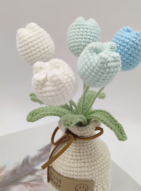 郁金香花盆盆栽手工针织家居摆件桌面前景装饰母亲礼物情人节礼物