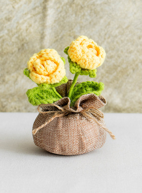 跨境手工钩织福袋小盆栽家居摆件毛线编织成品玫瑰仿真花礼物