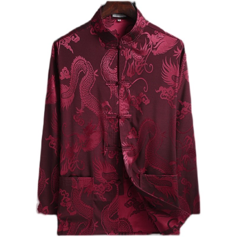 中国风冰丝唐装男长袖2021春夏秋季红色爸爸装中老年爷爷中式汉服,淘宝优惠券,粉丝福利购,淘宝优惠卷