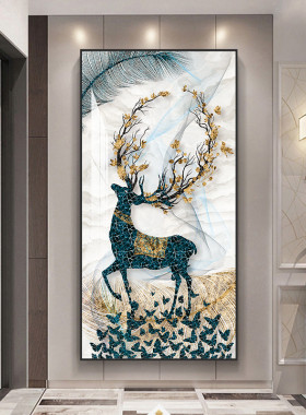 金鹿送财现代轻奢入户玄关装饰画高档走廊过道挂画客厅背景墙壁画