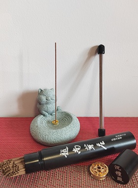 沉檀殿 越南芽庄沉香线香+青砂石小胖猫香插组合 沉香线香 香插