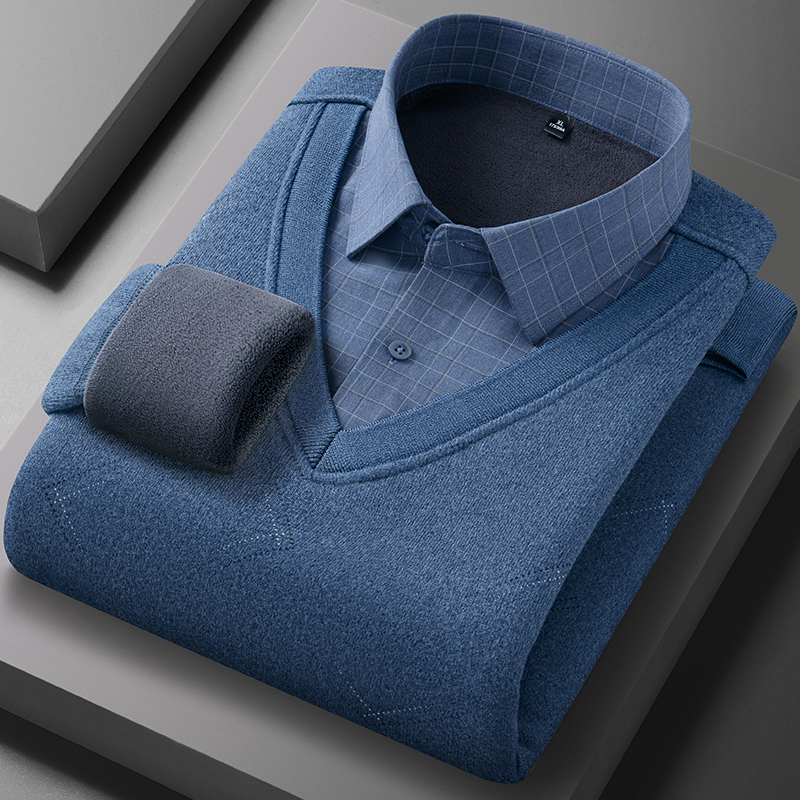 2025新款简约时尚男士假两件衬衫领针织衫加绒加厚保暖毛衣中年 - 图3