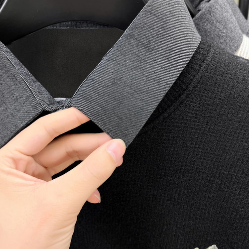 2025新款简约男士假两件衬衫领针织衫加绒加厚保暖毛衣冬季打底衫 - 图2