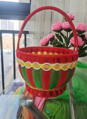 纯手工编织篮子购物仿藤条pet提菜篮传统水果篮野餐篮包邮收纳筐