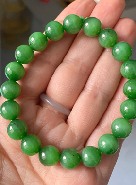 俄罗斯碧玉猫眼手串和田玉辣阳绿手链卡10经典男女款圆珠单圈手串