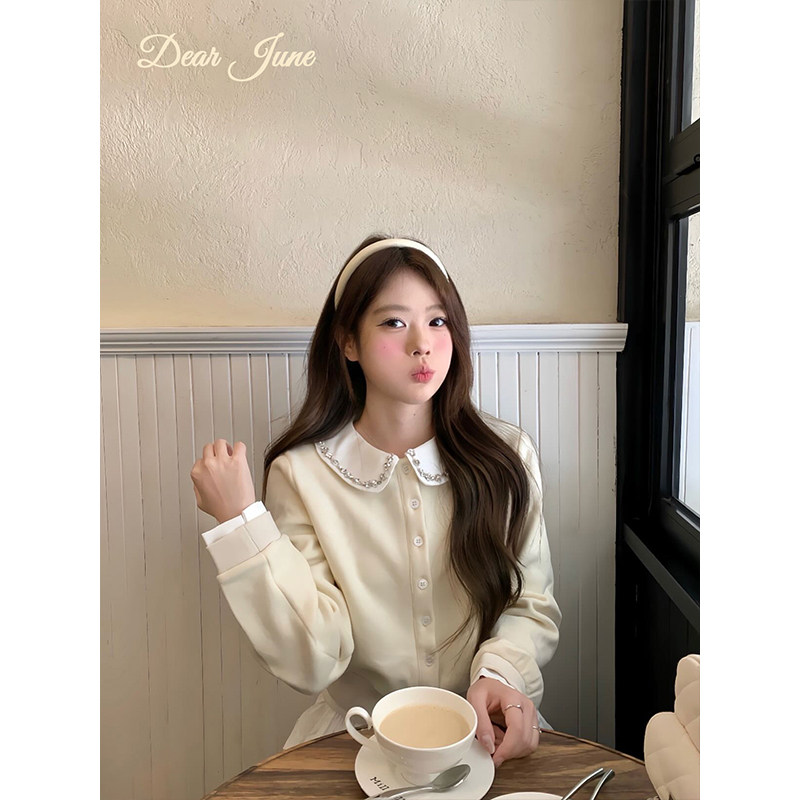 DearJune 韩国博主同款甜美约会穿搭娃娃领上衣钉钻设计减龄元气,淘宝优惠券,粉丝福利购,淘宝优惠卷