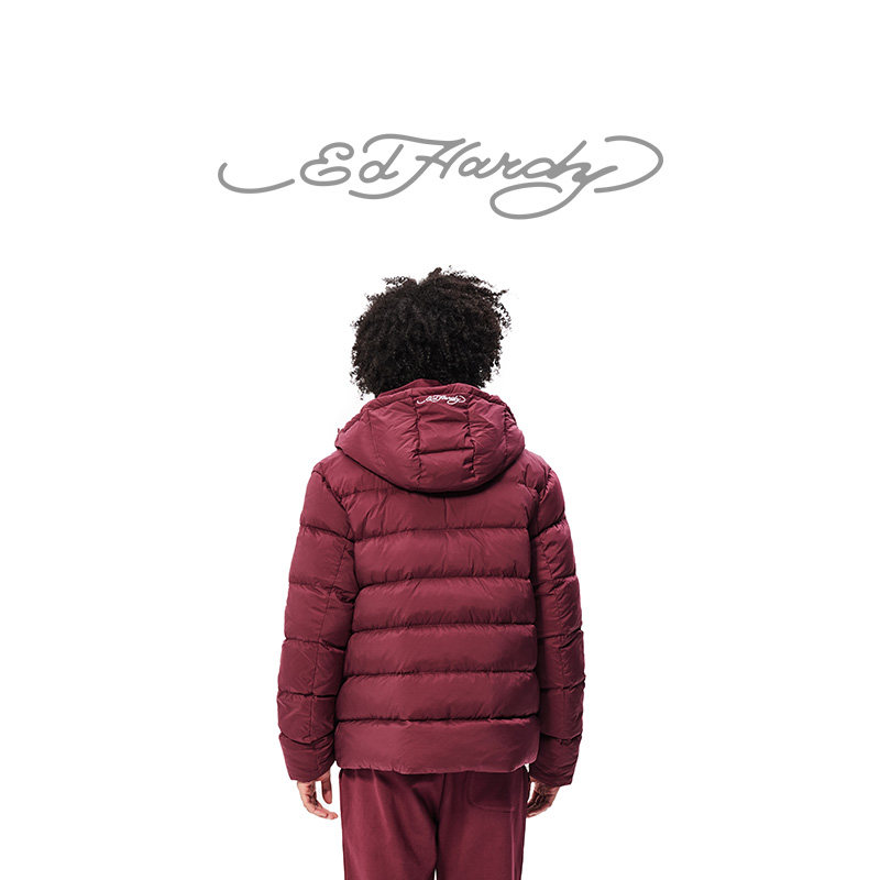 Ed Hardy埃德哈迪冬季新款男士加厚连帽保暖深石榴红羽绒服,淘宝优惠券,粉丝福利购,淘宝优惠卷
