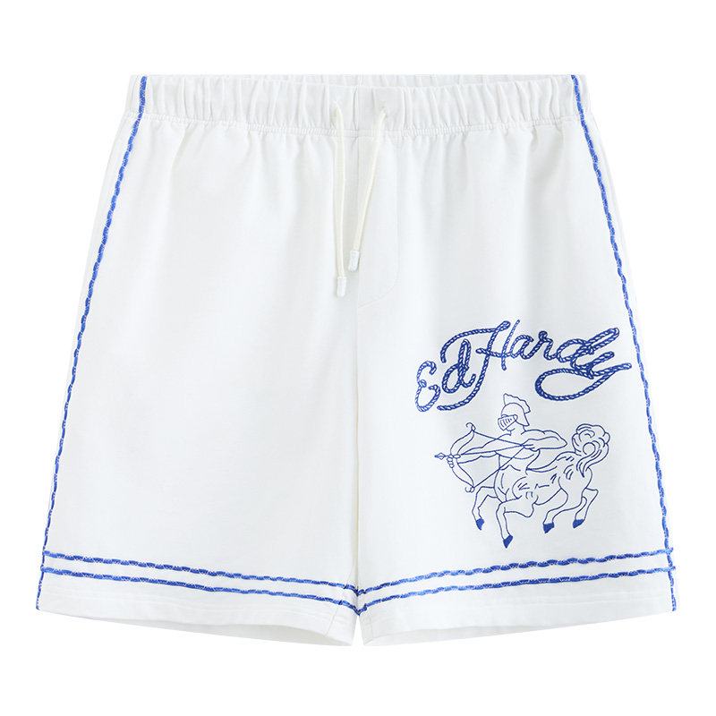 Ed Hardy埃德哈迪夏季流行新款宽松绣花直筒白色针织男士短裤,淘宝优惠券,粉丝福利购,淘宝优惠卷