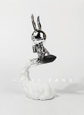 一匚趣味火箭兔子电镀银创意摆件样板房售楼处儿童房客厅家居装饰