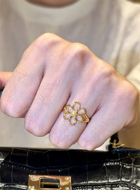 金色小花朵戒指女士摩登风线条镂空戒子小众设计不掉色开口食指戒