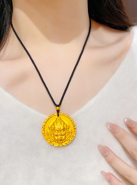 新款古法沙金黄色锤纹黄财神吊坠项链男女通用圆牌毛衣链中式复古