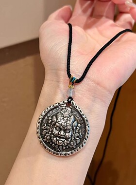 新款黄财神圆牌吊坠实心纯银项链复古国潮毛衣链男女情侣生日礼物