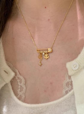 可拆卸金色拉丝鸢尾花星芒黄水晶吊坠别针项链女中古高级感毛衣链